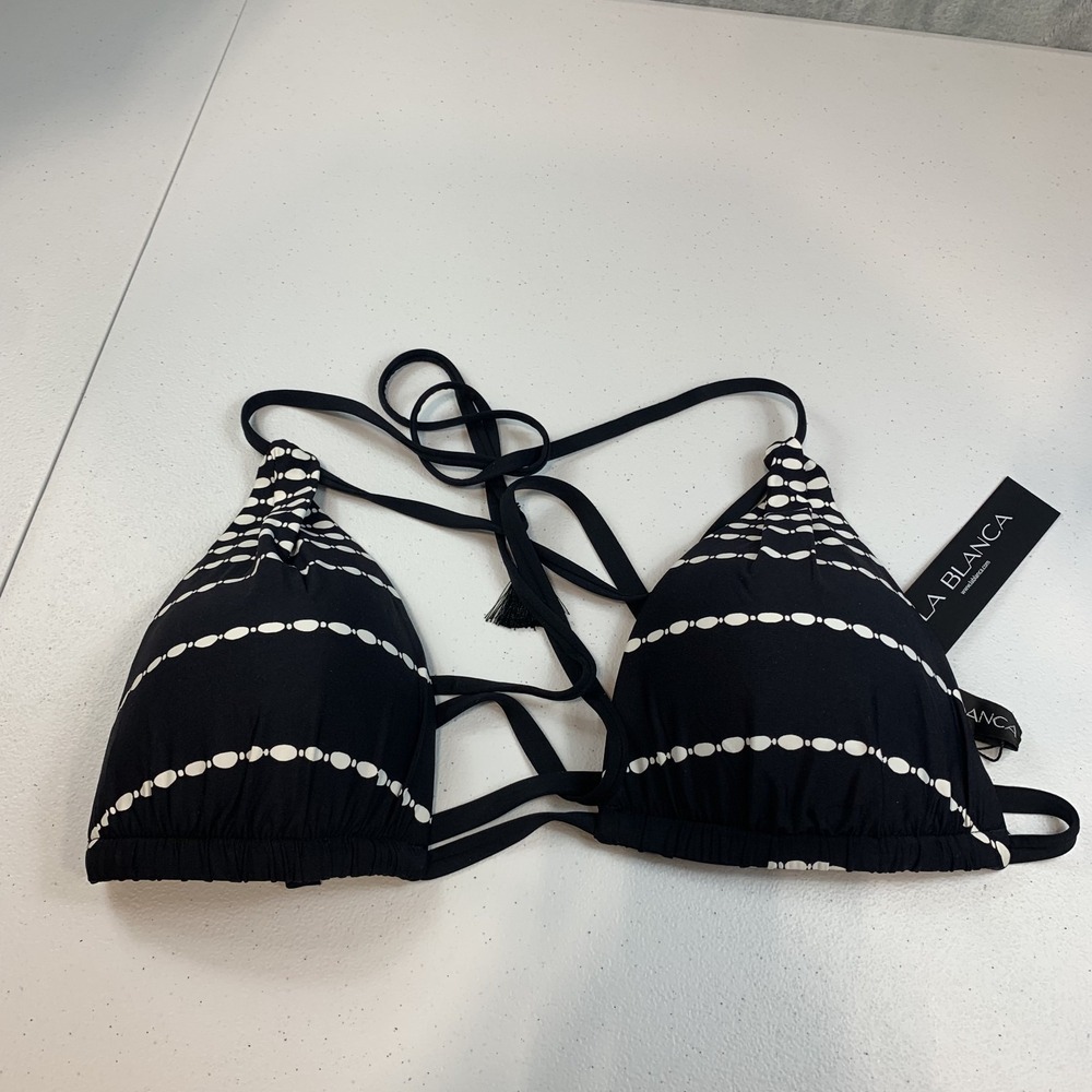 La Blanca Women's String Bikini Swim Top Triangle Black White Stripe 10